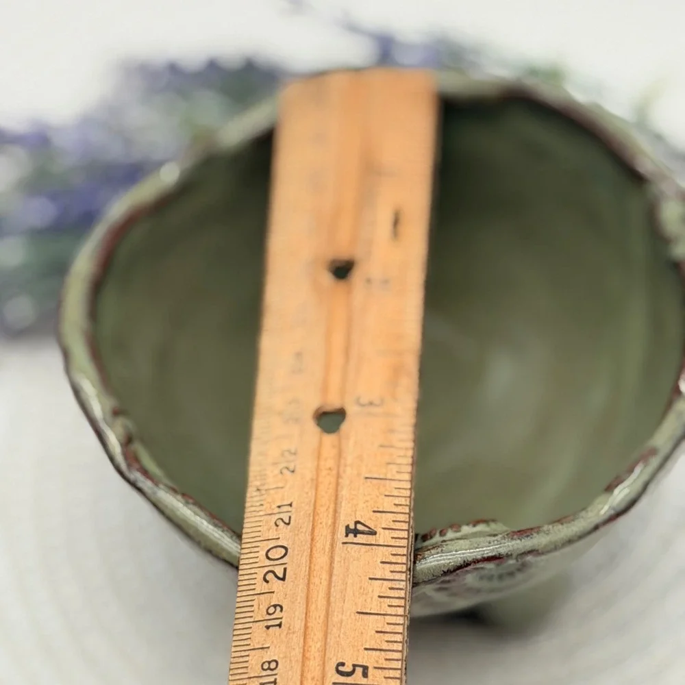 Handmade Studio Pottery Sage Green Glazed Footed Bowl Wavy Rim Wabi Sabi 4.5